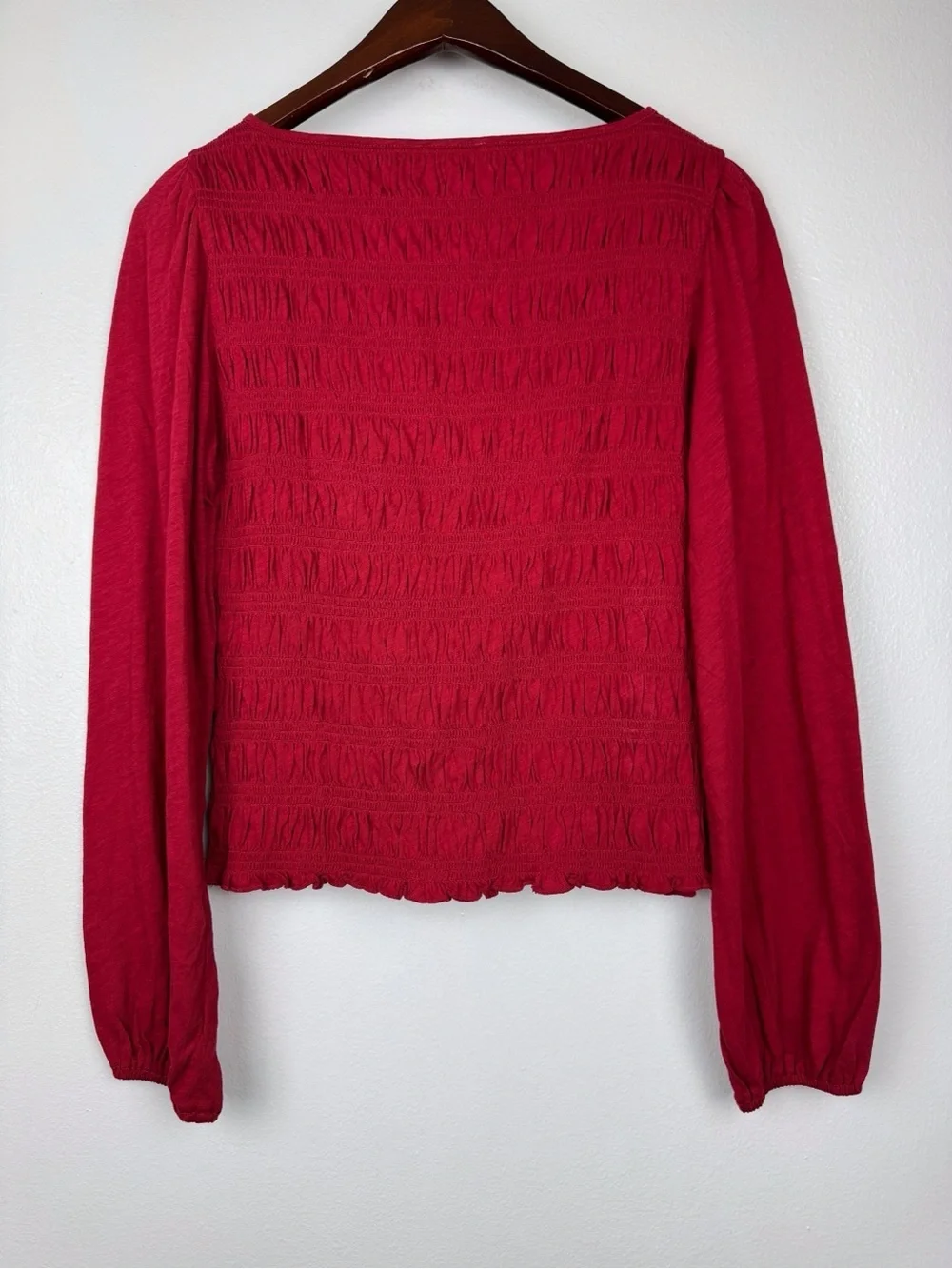 Madewell Smocked Cotton Boatneck Puff Sleeves Slim Fit Top Red Size M NWT